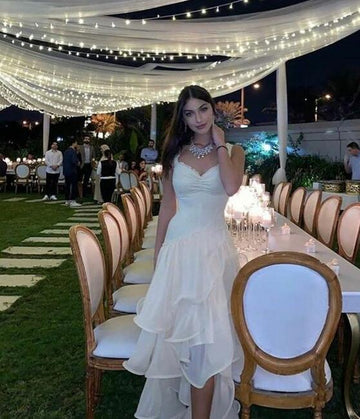Niulatu High Low Straps Neckline Sleeveless White Long Prom Dresses SD2007